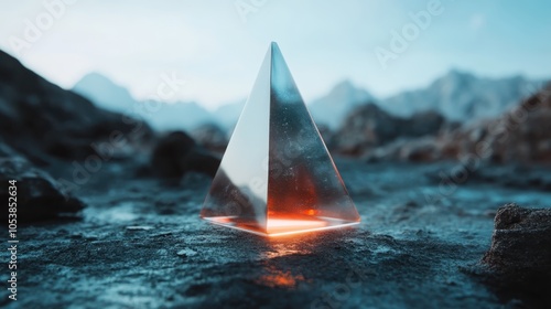 A pyramid made of transparent material glows from within, casting reflections in a barren landscape. It invokes thoughts of discovery and ancient technology. photo