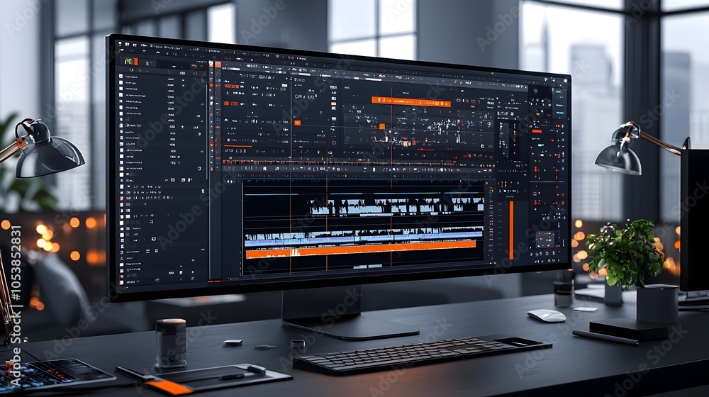 Minimalist and modern user interface design showcasing an interactive timeline that highlights key editing tools color grading controls effects panels Minimalist and modern user interface design showcasing an interactive timeline that highlights key editing tools color grading controls effects panels
