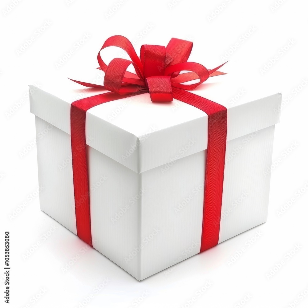 Fototapeta premium White gift box with red ribbon bow, isolated on white background
