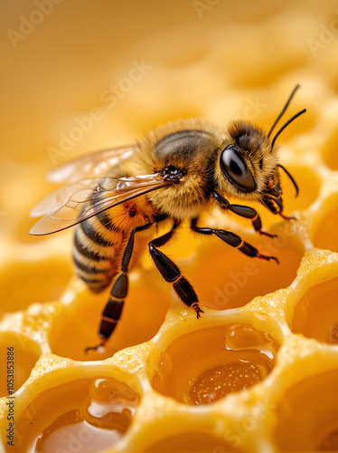 Honeybee on Honeycomb – Detailed Close-Up Stock Image