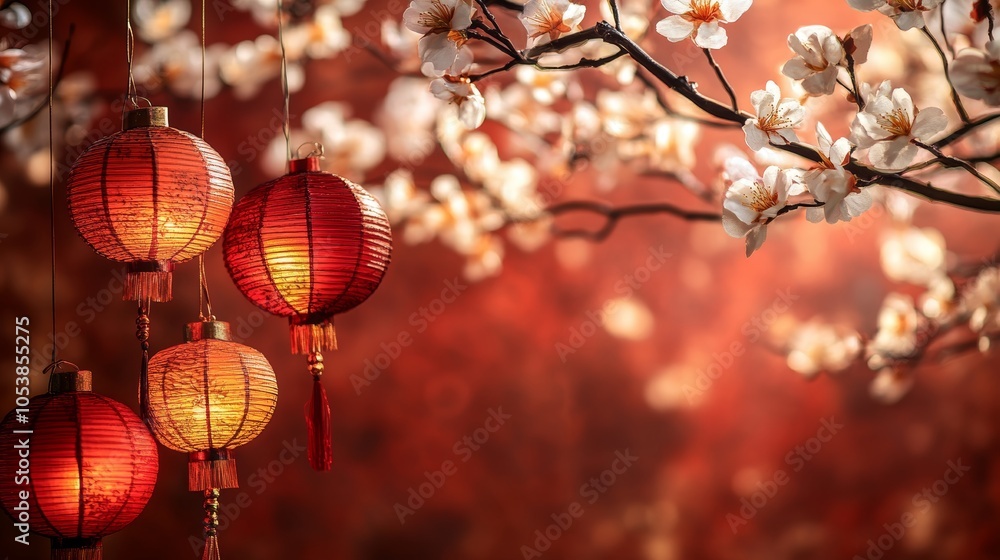 Obraz premium Create an inviting copy space background for Chinese New Year, adorned with subtle red and gold accents, lanterns, and delicate cherry blossoms, providing a festive yet elegant canvas 