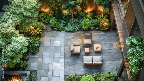 A podium garden setting located in the middle of a residential building. feature a cozy seating area surrounded by lush. top view. photo