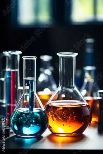 Test tubes and flasks with liquids in close-up on the table in the laboratory.