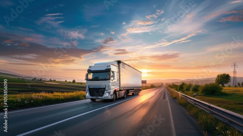 White truck moving on the road in a natural landscape at sunset