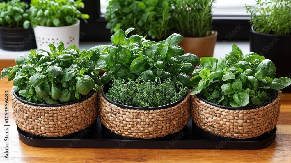 Three Pots of Fresh Green Herbs on a Wooden Table Three Pots of Fresh Green Herbs on a Wooden Table