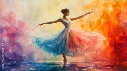 An elegant watercolor of a ballerina dancing, soft pastels blending into the background, capturing the grace of movement.