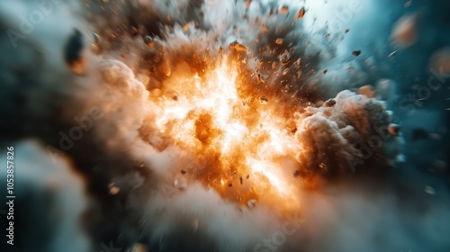 A dramatic explosion captured with a fiery burst and billowing smoke, depicting an intense moment of chaos and destruction with vibrant motion and energy. photo