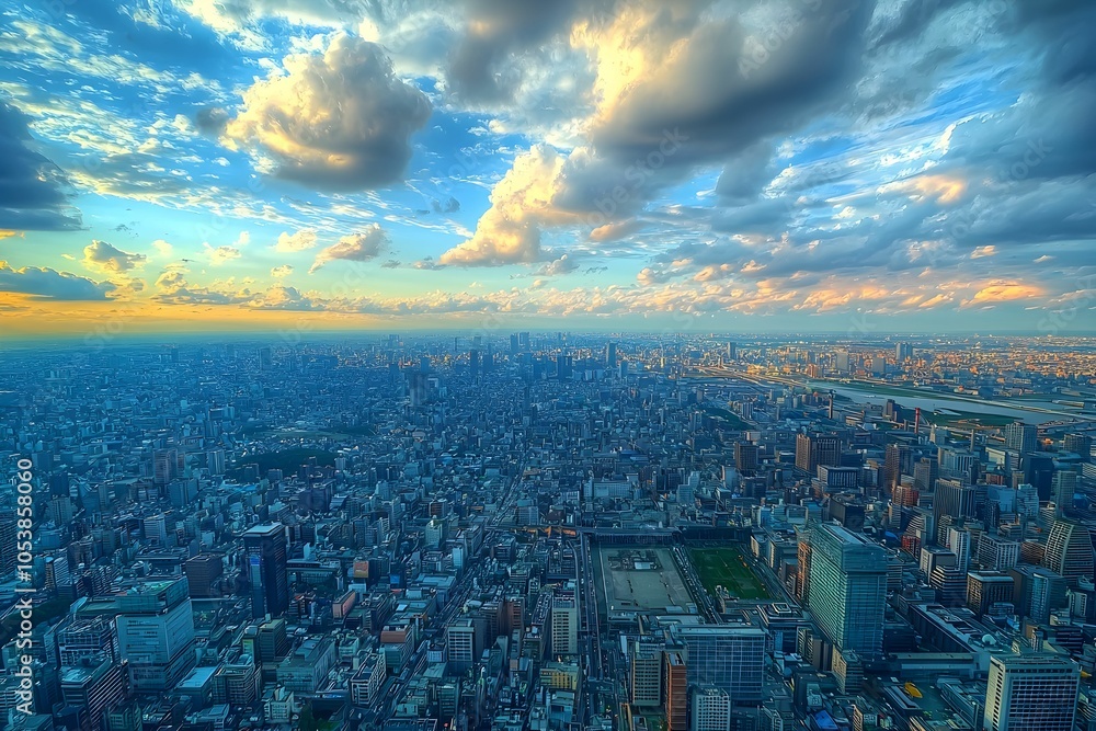 Fototapeta premium Stunning Tokyo skyline at sunset with dramatic clouds