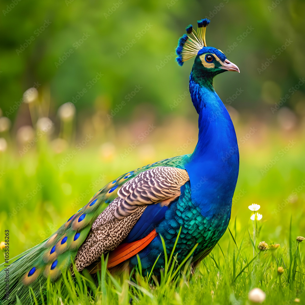 Obraz premium Majestic Peacock in a Lush Green Field