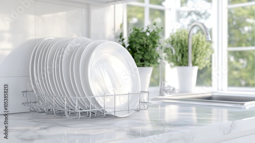 A serene kitchen setting featuring freshly cleaned white plates drying in a dish rack next to a sparkling sink under natural light photo