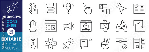 A set of line icons related to Interactive. Gesture, click, command, feedback, touch, drag and drop, slide, user interface, and so on. Vector editable stroke.
