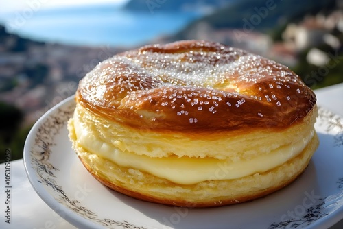 A classic French Tarte Tropézienne on a plate: golden brioche with creamy custard, topped with pearl sugar. Set on a terrace table with the French Riviera's sparkling sea and sunlit hills in the back photo