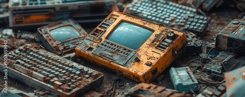 An ewaste dump site with detailed, decaying computer components, highcontrast colors, industrial lighting, sharp focus on rust and dust covering the parts photo