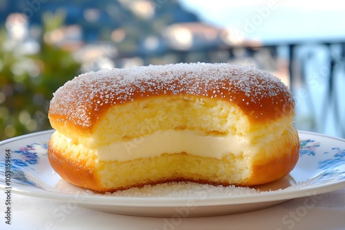 A classic French Tarte Tropézienne on a plate: golden brioche with creamy custard, topped with pearl sugar. Set on a terrace table with the French Riviera's sparkling sea and sunlit hills in the back photo