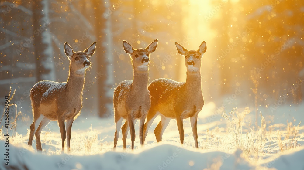 Obraz premium Three deer stand in a snowy forest with the sun shining through the trees.