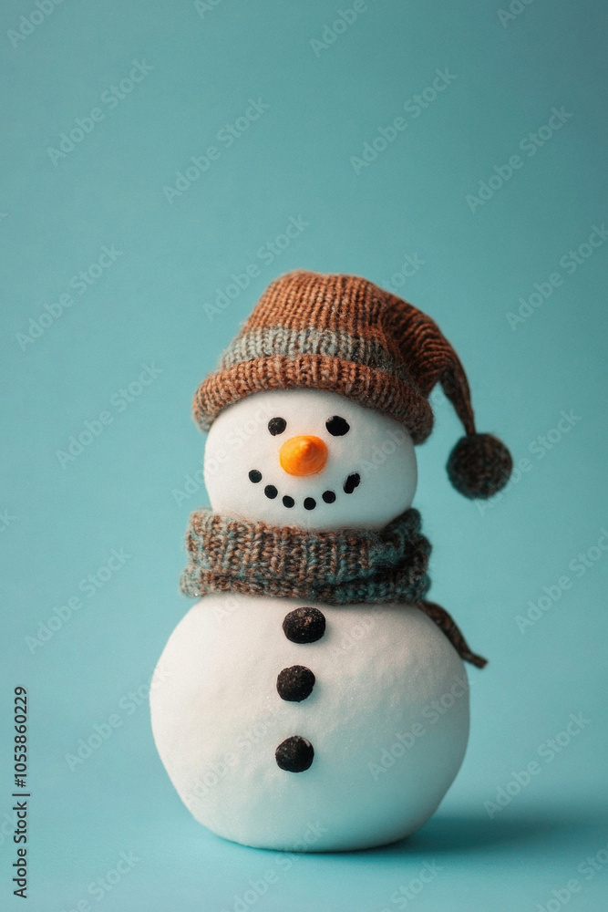 A snowman with a hat and scarf is smiling. The hat is brown and the scarf is brown and gray A snowman with a hat and scarf is smiling. The hat is brown and the scarf is brown and gray