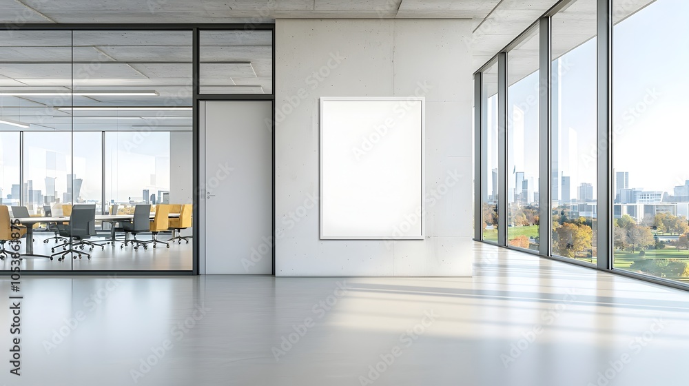Fototapeta premium Minimalist empty poster frame mounted on a sleek concrete wall in a modern office illuminated by soft natural light streaming through large windows