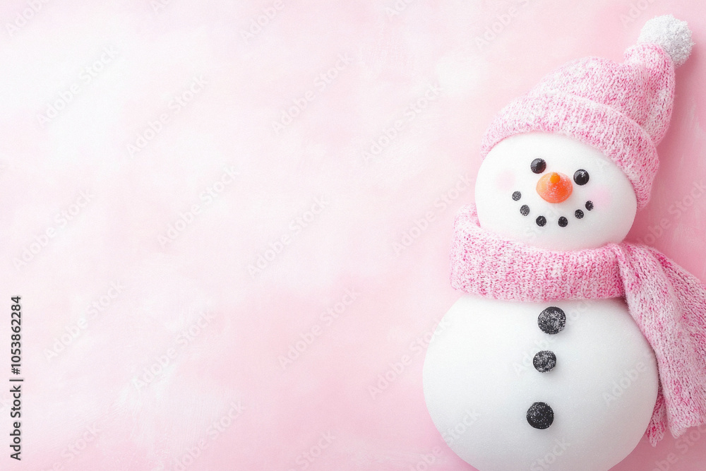 A snowman with a pink hat and scarf is standing on a pink background. The snowman's face is smiling, and the pink scarf adds a touch of warmth and cheerfulness to the scene A snowman with a pink hat and scarf is standing on a pink background. The snowman's face is smiling, and the pink scarf adds a touch of warmth and cheerfulness to the scene