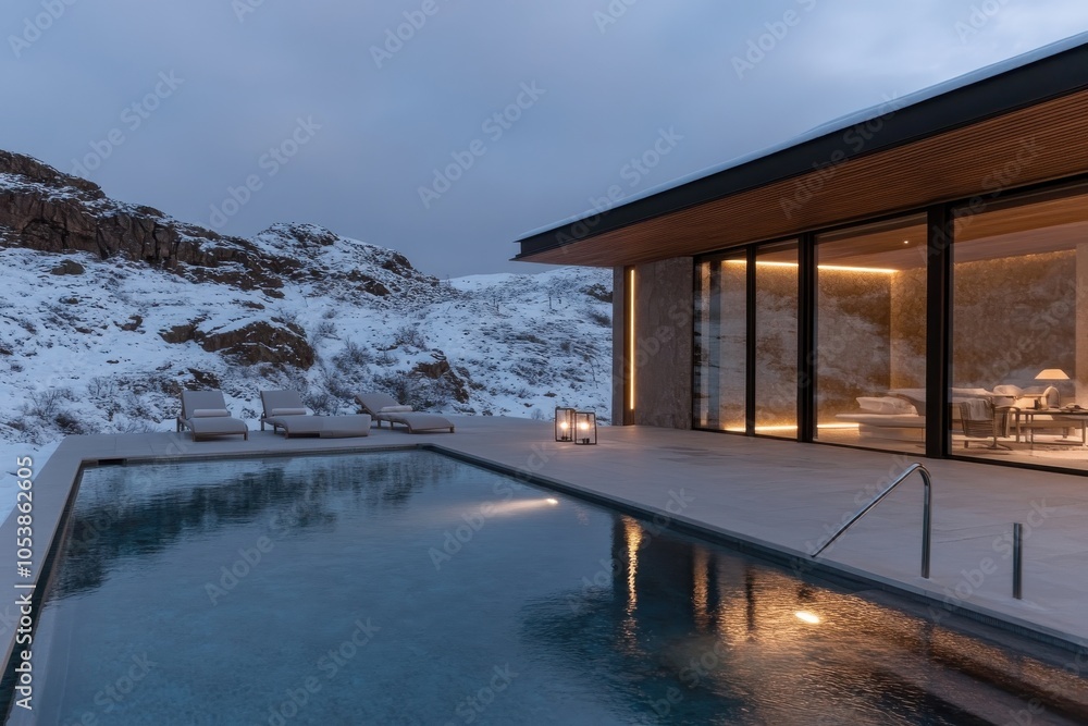A sleek minimalist villa is set against snowy rocky hills, featuring a tranquil heated pool, highlighted by contemporary design and cozy interior lighting. A sleek minimalist villa is set against snowy rocky hills, featuring a tranquil heated pool, highlighted by contemporary design and cozy interior lighting.