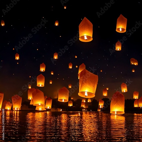 lit lanterns  flying in the air during Vesak Day photo