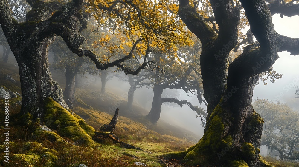 Halloween haunted forest with fog rolling through ancient trees Halloween haunted forest with fog rolling through ancient trees