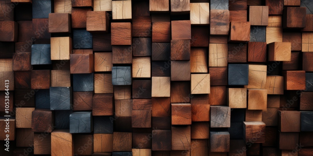 A rustic and modern wood block wall with a variety of tones and grain patterns. A rustic and modern wood block wall with a variety of tones and grain patterns.