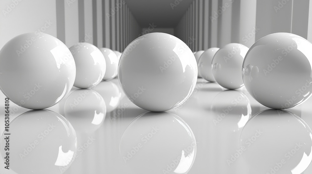 A minimalist scene featuring reflective white spheres in a corridor. A minimalist scene featuring reflective white spheres in a corridor.