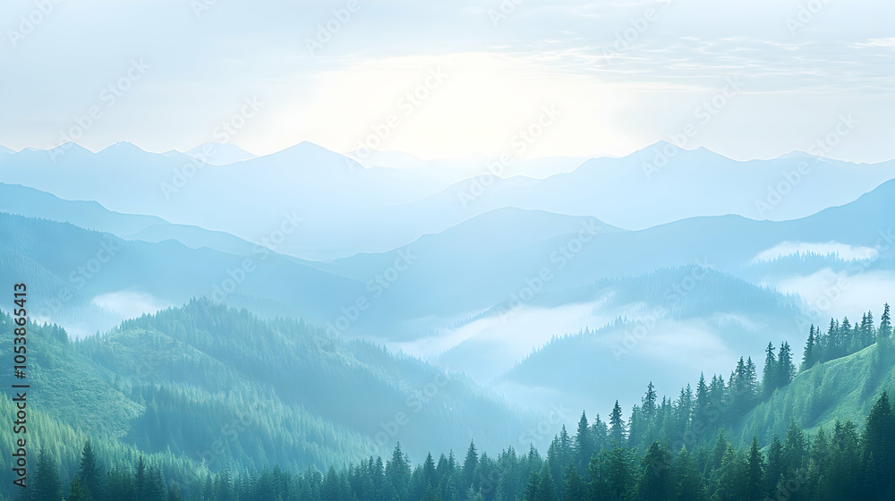 Naklejka premium Misty Mountain Landscape, mountains, nature, scenery, forest, trees