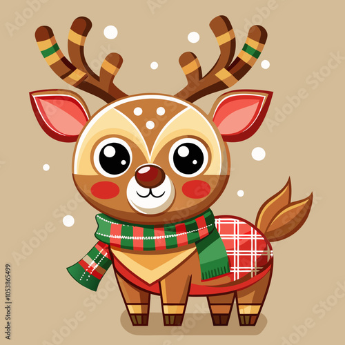 A cute cartoon reindeer is adorned with a festive red and green scarf