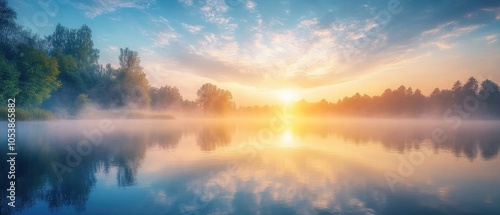 A serene sunrise over a calm lake, with vibrant colors reflecting on the water's surface and mist rising from the trees on the shore.