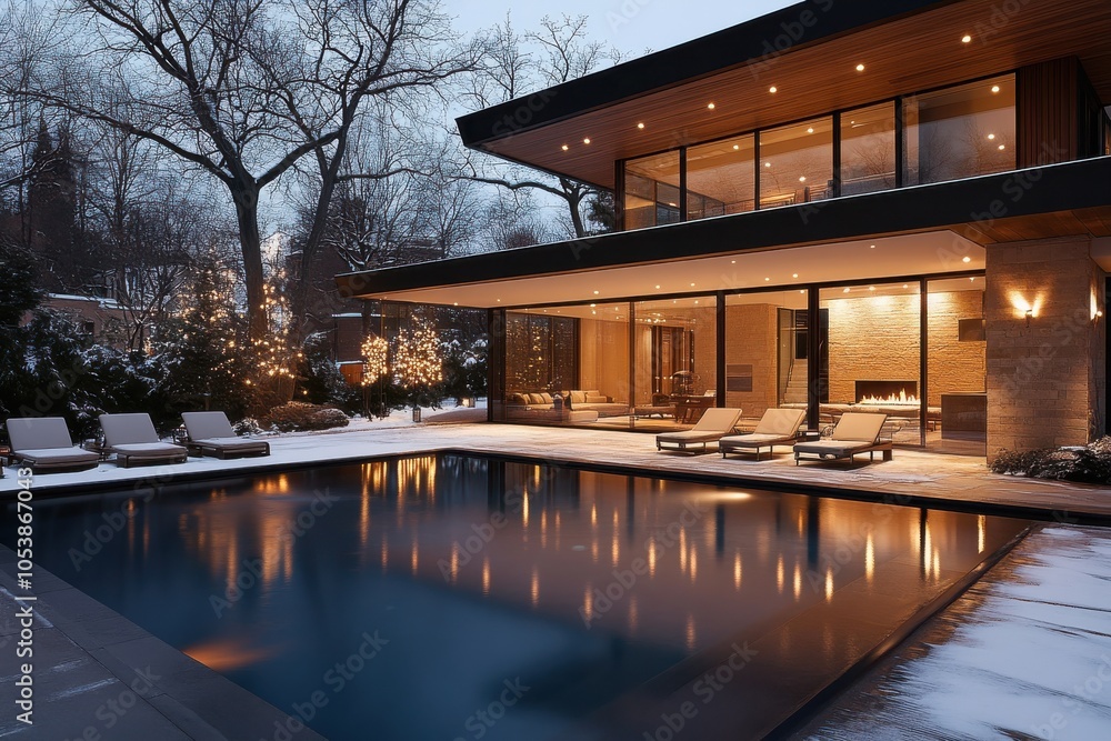 Fototapeta premium This luxurious residence features a beautifully lit exterior alongside a large pool, set against a snowy background and decorated with subtle, festive lights.