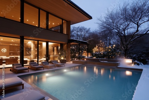 Wallpaper Mural A luxurious serene home harmonizing with its wintery surroundings, featuring a beautifully lit pool creating a captivating and calm environment. Torontodigital.ca