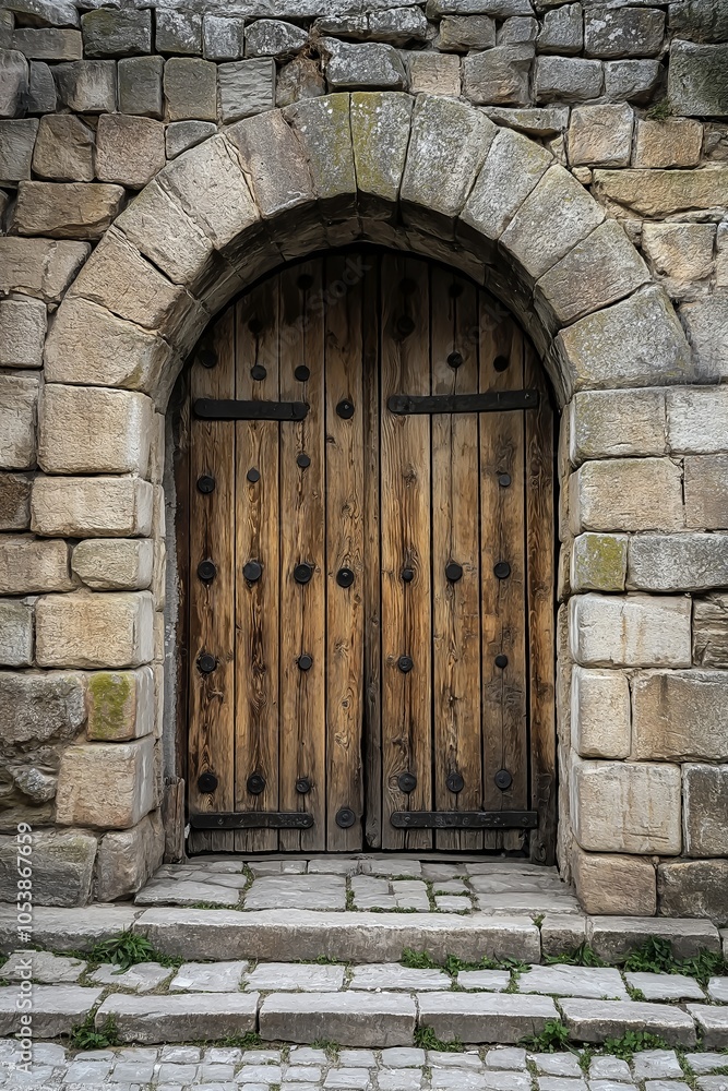 custom made wallpaper toronto digitalA rustic medieval wooden door set in a stone archway on a cobblestone street.