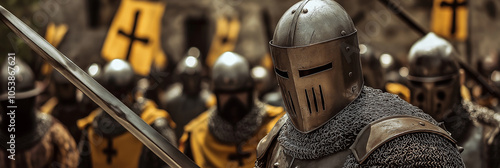 A group of medieval knights in metal armor and helmets ready for battle charge. photo