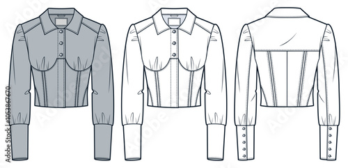 Denim Jacket technical fashion Illustration. Corset Shirt fashion flat technical drawing template, buttons, cuff sleeves, front and back view, white, grey, women CAD mockup set.