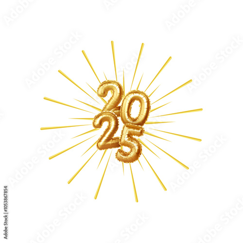 2025 Happy New Year Text with Festive Gold Fireworks Design PNG