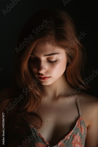 A woman gazes downward contemplatively, bathed in soft shadow and light, capturing introspection and beauty.