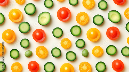 Colorful Vegetables Pattern, avocado, cucumber, tomato, yellow, red