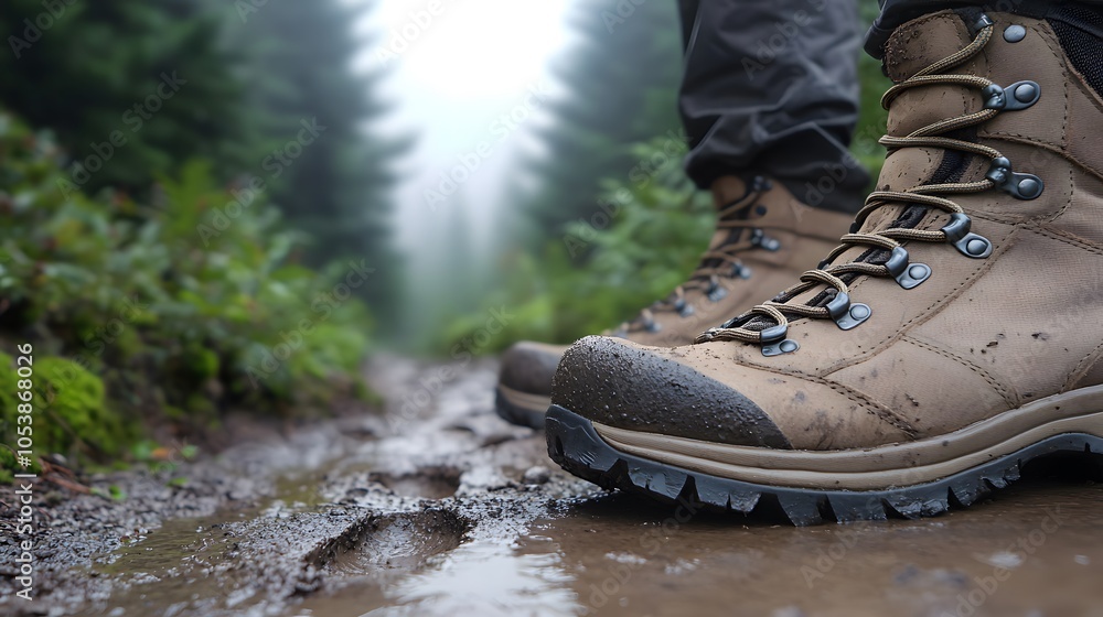 Close-up of Worn Hiking Boots in Muddy Trail Close-up of Worn Hiking Boots in Muddy Trail