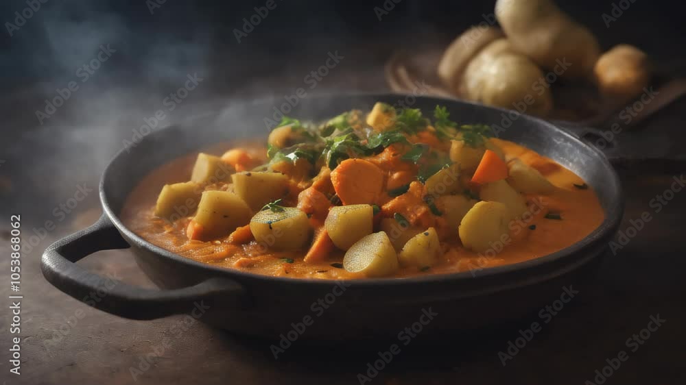 Japanese curry rice with meat, carrots and potatoes closeup on black background. Generative AI Japanese curry rice with meat, carrots and potatoes closeup on black background. Generative AI