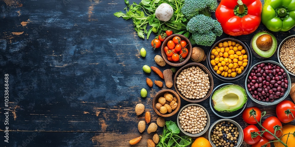 An arrangement of vibrant vegetables and legumes sits atop a dark wooden table, showcasing healthy culinary diversity. An arrangement of vibrant vegetables and legumes sits atop a dark wooden table, showcasing healthy culinary diversity.