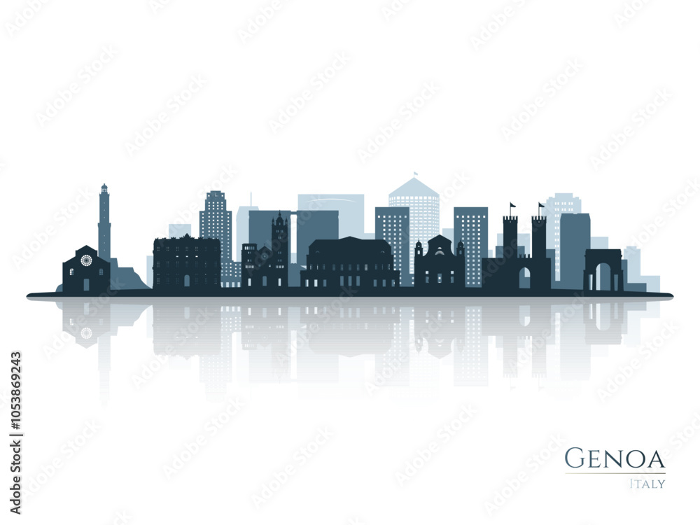Obraz premium Genoa skyline silhouette with reflection. Landscape Genoa, Italy. Vector illustration.