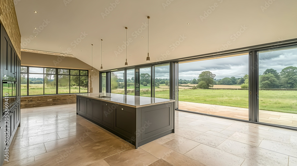 Fototapeta premium Minimalist kitchen with a central island, integrated appliances, and floor-to-ceiling windows in an open-plan space