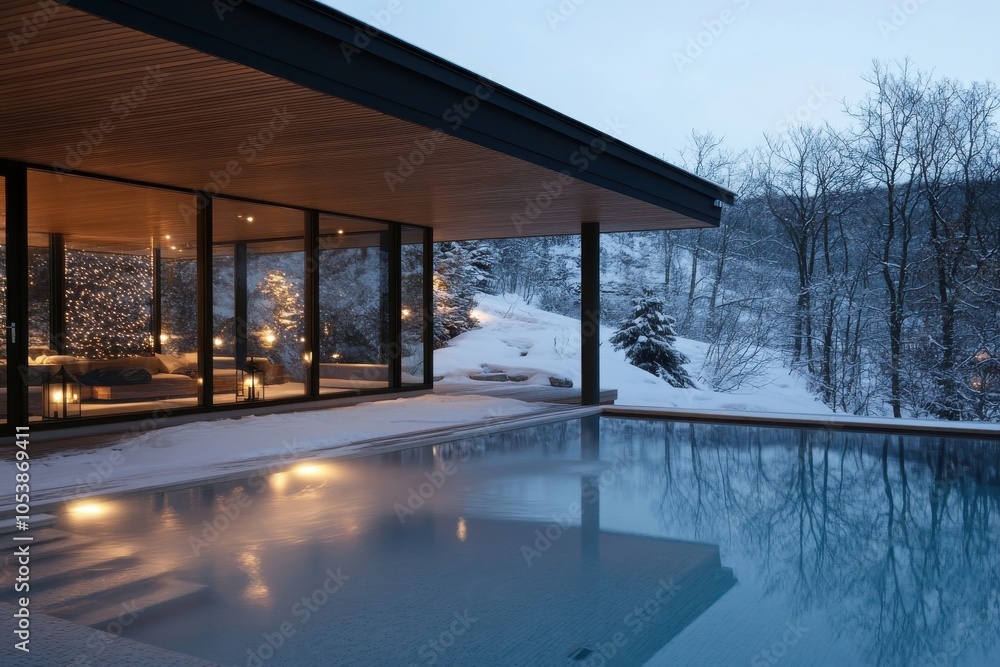 A sleek modern pool house stands amidst a tranquil snowy landscape, harmoniously blending luxurious comfort with the serene beauty of winter's quiet atmosphere.