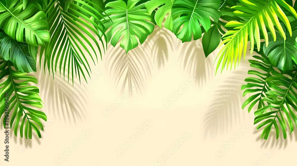 Obraz premium Tropical Leaves with Shadows on Light Background, palm leaves, monstera leaves, foliage, greenery, beige