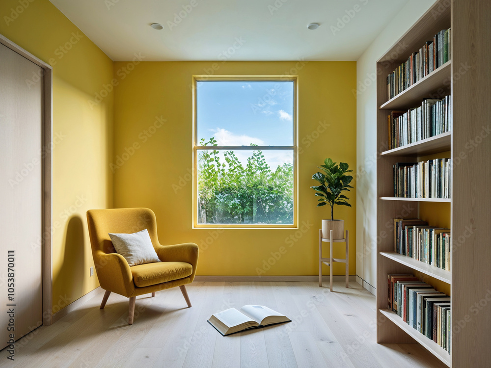 Fototapeta premium Bright and Cozy Reading Corner with Yellow Accents and Wooden Bookshelves