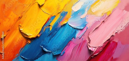 Abstract painting with vibrant strokes of orange, yellow, blue, and pink, showcasing a blend of colors and texture, ideal for art projects or backgrounds. photo