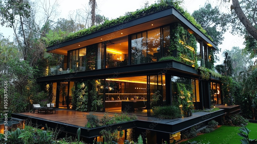A modern house surrounded by lush greenery, blending nature with contemporary design. A modern house surrounded by lush greenery, blending nature with contemporary design.