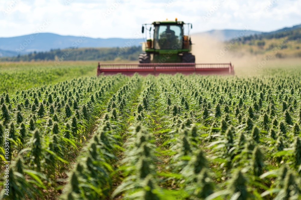 Fototapeta premium Harvesting Hemp. Combine Harvesting in Agricultural Field for Farm Economy