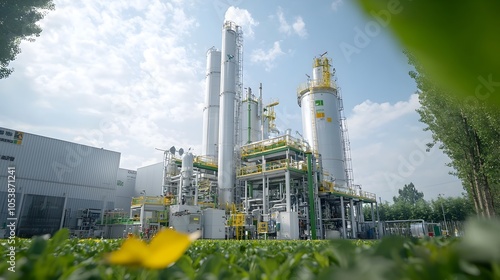 Sustainable biofuel plant surrounded by lush greenery and natural vegetation showcasing environmentally friendly energy production technology for a cleaner greener future photo